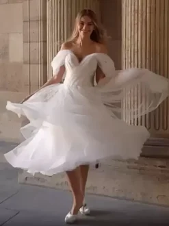 short wedding dress V-Neck Short Sleeves A-Line Natural Waist Organza short bridal dress