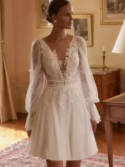 Short Wedding Dress V-Neck Long Sleeves Short Short Short Bridal Dress