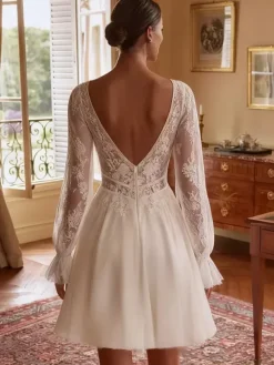 Short Wedding Dress V-Neck Long Sleeves Short Short Short Bridal Dress