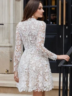 Short Wedding Dresses 2026 High Collar Long Sleeves A-Line Lace Bridal Gowns Free Customization