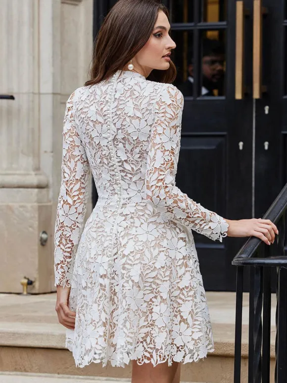 Short Wedding Dresses 2026 High Collar Long Sleeves A-Line Lace Bridal Gowns Free Customization