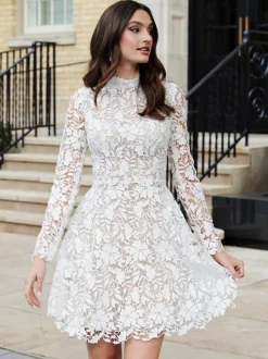 Short Wedding Dresses 2026 High Collar Long Sleeves A-Line Lace Bridal Gowns Free Customization