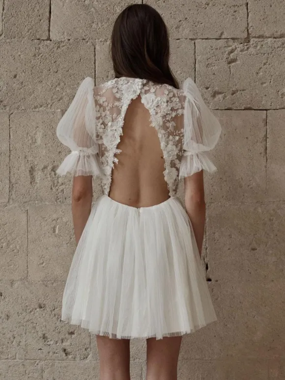 Short Wedding Dresses 2026 Jewel Neck Short Sleeves A-Line Short Bridal Dress Free Customization