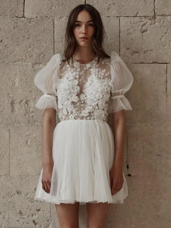 Short Wedding Dresses 2026 Jewel Neck Short Sleeves A-Line Short Bridal Dress Free Customization