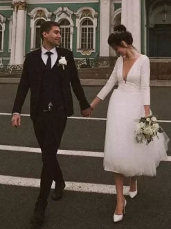 Short Wedding Dresses 2026 Knee-Length V-Neck 3/4 Length Sleeves A-Line Natural Waist Bridal Dresses Free Customization