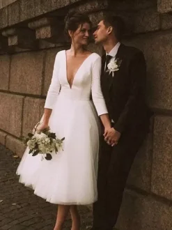 Short Wedding Dresses 2026 Knee-Length V-Neck 3/4 Length Sleeves A-Line Natural Waist Bridal Dresses Free Customization