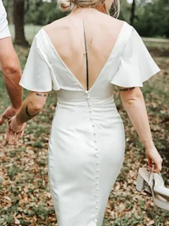 Short Wedding Dresses 2026 Tea-Length V-Neck Short Sleeves Sheath Bridal Gowns Free Customization