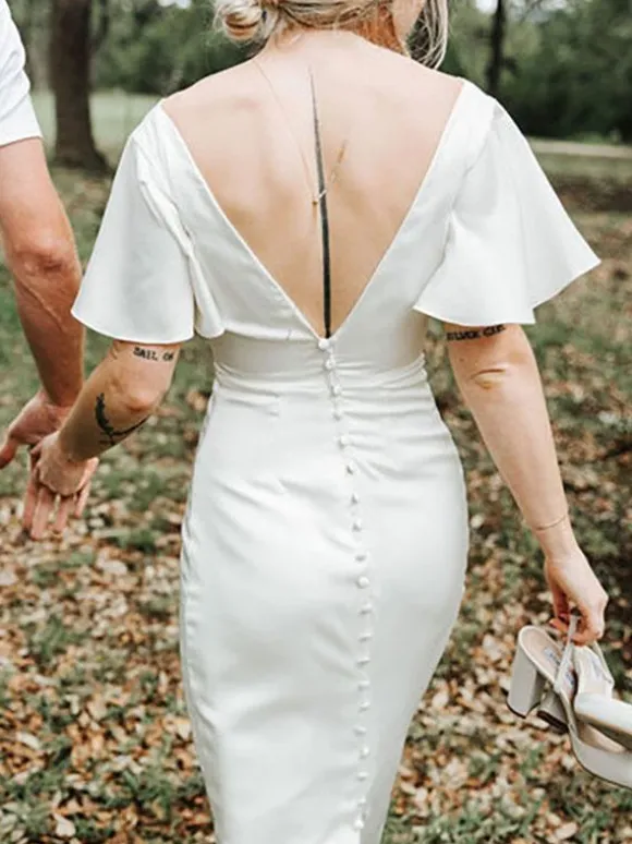 Short Wedding Dresses 2026 Tea-Length V-Neck Short Sleeves Sheath Bridal Gowns Free Customization