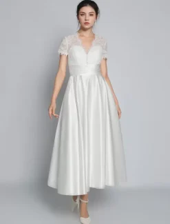 Short Wedding Dresses 2026 V-Neck Short Sleeves A-Line Tea-Length Bridal Dresses Free Customization