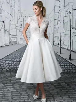 Short Wedding Dresses 2026 V-Neck Short Sleeves A-Line Tea-Length Bridal Dresses Free Customization