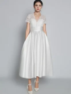 Short Wedding Dresses 2026 V-Neck Short Sleeves A-Line Tea-Length Bridal Dresses Free Customization
