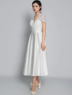 Short Wedding Dresses 2026 V-Neck Short Sleeves A-Line Tea-Length Bridal Dresses Free Customization