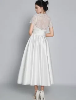 Short Wedding Dresses 2026 V-Neck Short Sleeves A-Line Tea-Length Bridal Dresses Free Customization