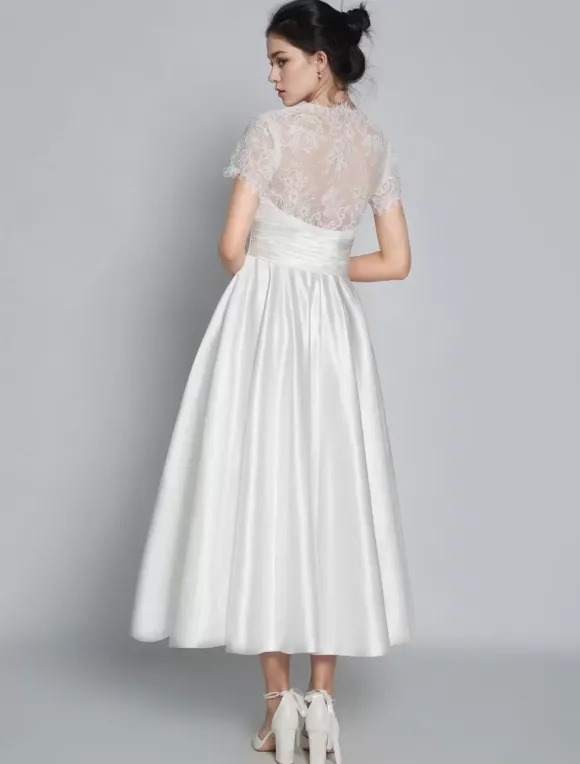 Short Wedding Dresses 2026 V-Neck Short Sleeves A-Line Tea-Length Bridal Dresses Free Customization