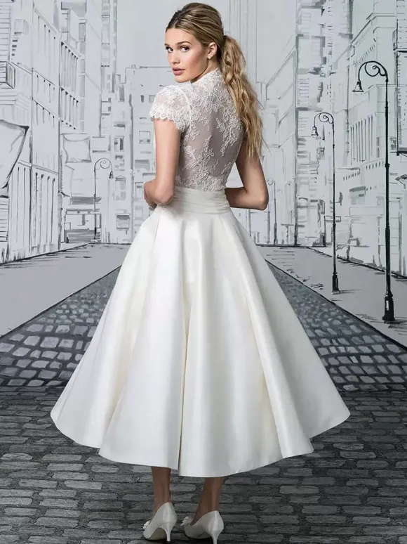 Short Wedding Dresses 2026 V-Neck Short Sleeves A-Line Tea-Length Bridal Dresses Free Customization