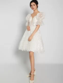 Short Wedding Dresses 2026 V-Neck Sleeveless A-Line Bridal Dress Free Customization