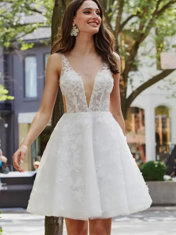 Short Wedding Dresses 2026 V-Neck Sleeveless A-Line Bridal Dress Free Customization