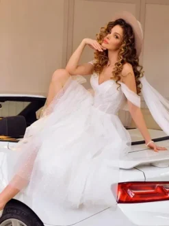 Short Wedding Dresses 2026 V-Neck Sleeveless A-Line Tea-Length Short Bridal Dress