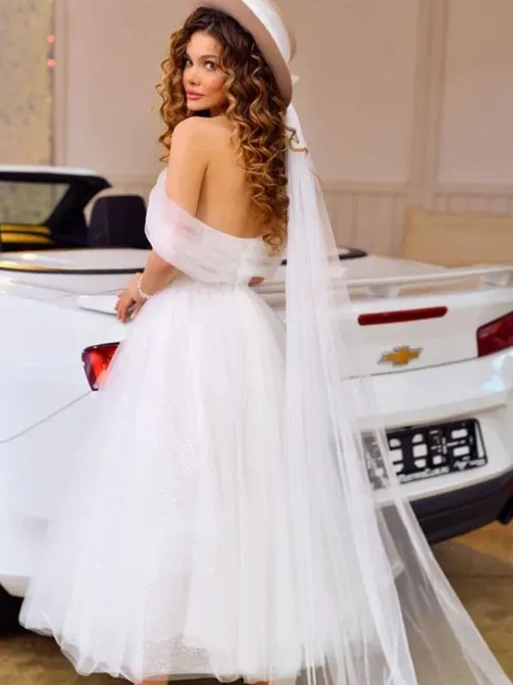 Short Wedding Dresses 2026 V-Neck Sleeveless A-Line Tea-Length Short Bridal Dress