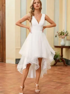 Short Wedding Dresses Ankle-Length V-Neck Sleeveless A-Line Tulle Bridal Gowns