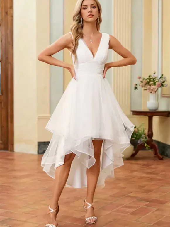 Short Wedding Dresses Ankle-Length V-Neck Sleeveless A-Line Tulle Bridal Gowns