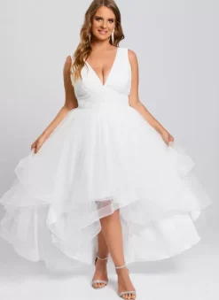 Short Wedding Dresses Ankle-Length V-Neck Sleeveless A-Line Tulle Bridal Gowns