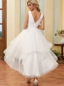 Short Wedding Dresses Ankle-Length V-Neck Sleeveless A-Line Tulle Bridal Gowns
