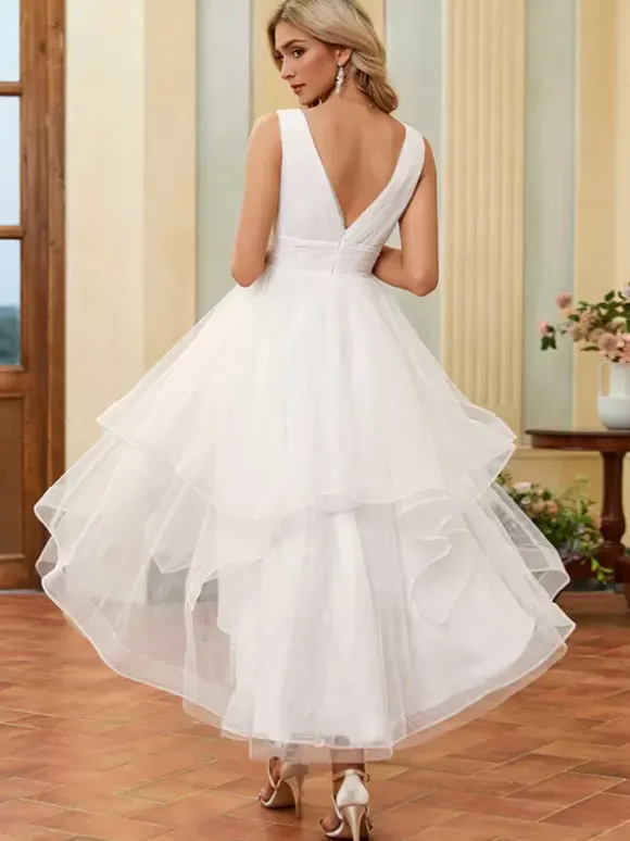 Short Wedding Dresses Ankle-Length V-Neck Sleeveless A-Line Tulle Bridal Gowns