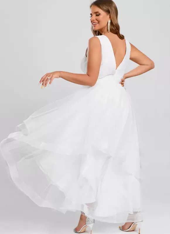 Short Wedding Dresses Ankle-Length V-Neck Sleeveless A-Line Tulle Bridal Gowns