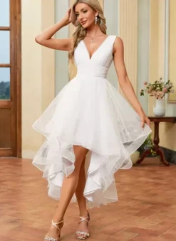 Short Wedding Dresses Ankle-Length V-Neck Sleeveless A-Line Tulle Bridal Gowns