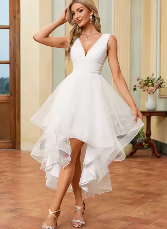 Short Wedding Dresses Ankle-Length V-Neck Sleeveless A-Line Tulle Bridal Gowns