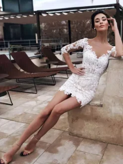 Short Wedding Dresses Illusion Neckline 3/4 Length Sleeves Sheath Short Bridal Dresses