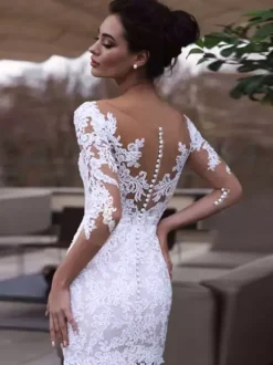 Short Wedding Dresses Illusion Neckline 3/4 Length Sleeves Sheath Short Bridal Dresses