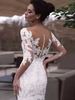 Short Wedding Dresses Illusion Neckline 3/4 Length Sleeves Sheath Short Bridal Dresses