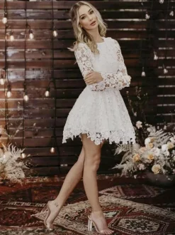Short Wedding Dresses Jewel Neck Long Sleeves A-Line Lace Bridal Gowns Free Customization