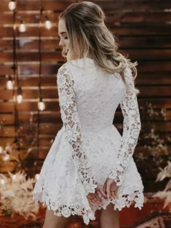 Short Wedding Dresses Jewel Neck Long Sleeves A-Line Lace Bridal Gowns Free Customization
