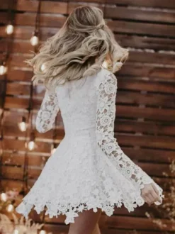 Short Wedding Dresses Jewel Neck Long Sleeves A-Line Lace Bridal Gowns Free Customization