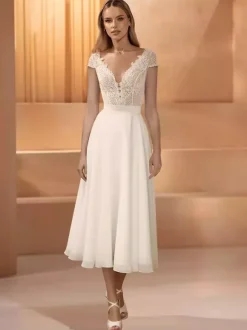 Short Wedding Dresses Jewel Neck Short Sleeves Short Tea-Length Bridal Dresses