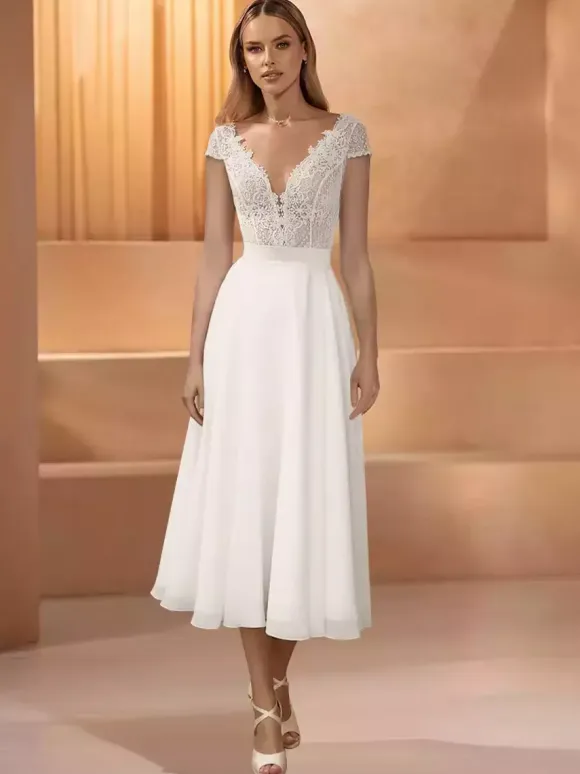 Short Wedding Dresses Jewel Neck Short Sleeves Short Tea-Length Bridal Dresses
