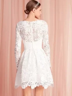 Short Wedding Dresses Knee-Length Jewel Neck Long Sleeves A-Line Natural Waist Lace Short Bridal Dress