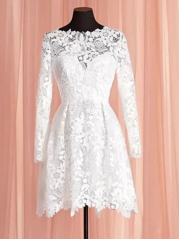 Short Wedding Dresses Knee-Length Jewel Neck Long Sleeves A-Line Natural Waist Lace Short Bridal Dress