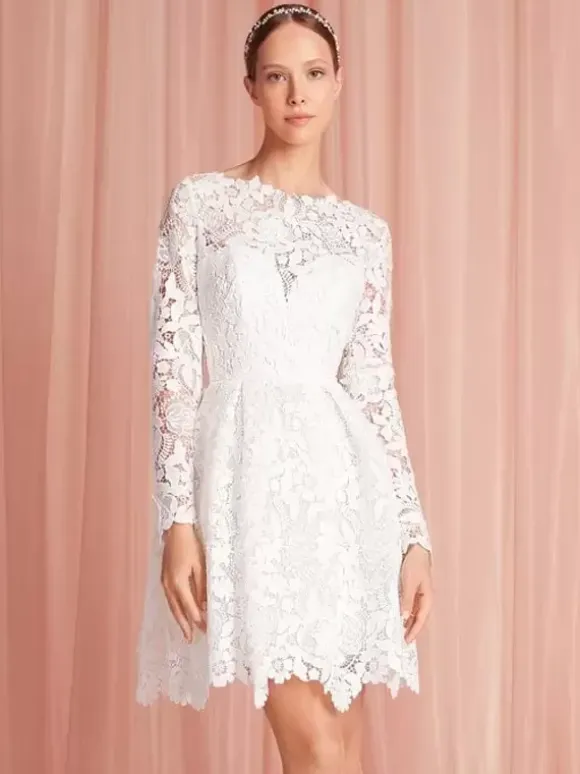 Short Wedding Dresses Knee-Length Jewel Neck Long Sleeves A-Line Natural Waist Lace Short Bridal Dress