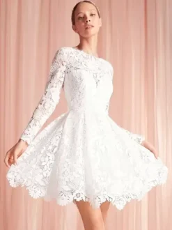 Short Wedding Dresses Knee-Length Jewel Neck Long Sleeves A-Line Natural Waist Lace Short Bridal Dress