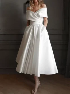 Short Wedding Dresses Off-The-Shoulder Sleeveless A-Line Tea-Length Short Bridal Dress