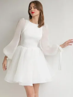 Short Wedding Dresses Short Jewel Neck Long Sleeves Short Natural Waist Organza Bridal Dresses