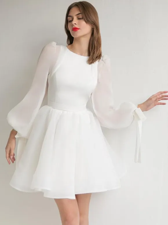 Short Wedding Dresses Short Jewel Neck Long Sleeves Short Natural Waist Organza Bridal Dresses