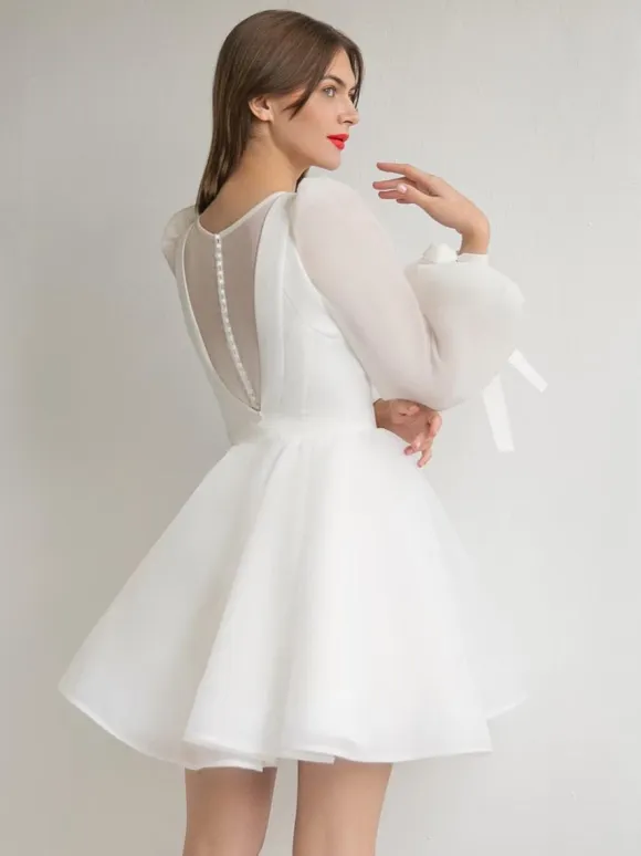 Short Wedding Dresses Short Jewel Neck Long Sleeves Short Natural Waist Organza Bridal Dresses