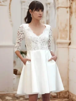 Short Wedding Dresses Short V-Neck Half Sleeves Short Natural Waist Lace Bridal Dresses