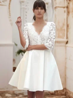 Short Wedding Dresses Short V-Neck Half Sleeves Short Natural Waist Lace Bridal Dresses