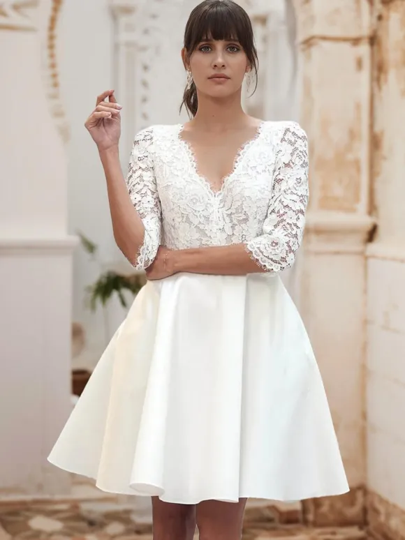 Short Wedding Dresses Short V-Neck Half Sleeves Short Natural Waist Lace Bridal Dresses